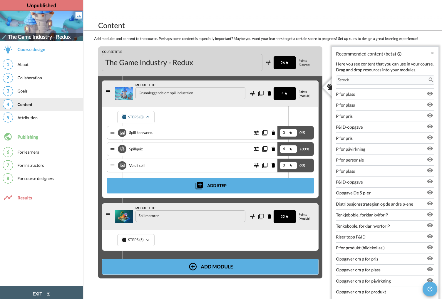 Recommendation Engine in the Edstep course builder